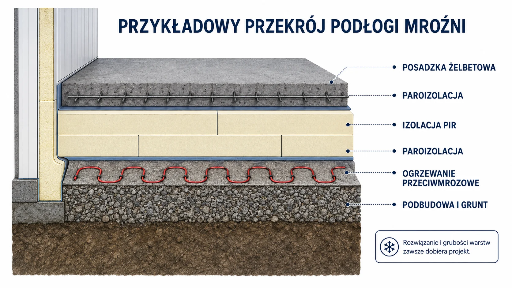 Przekrój podłogi mroźni z posadzką, izolacją termiczną i ogrzewaniem przeciwmrozowym podłoża